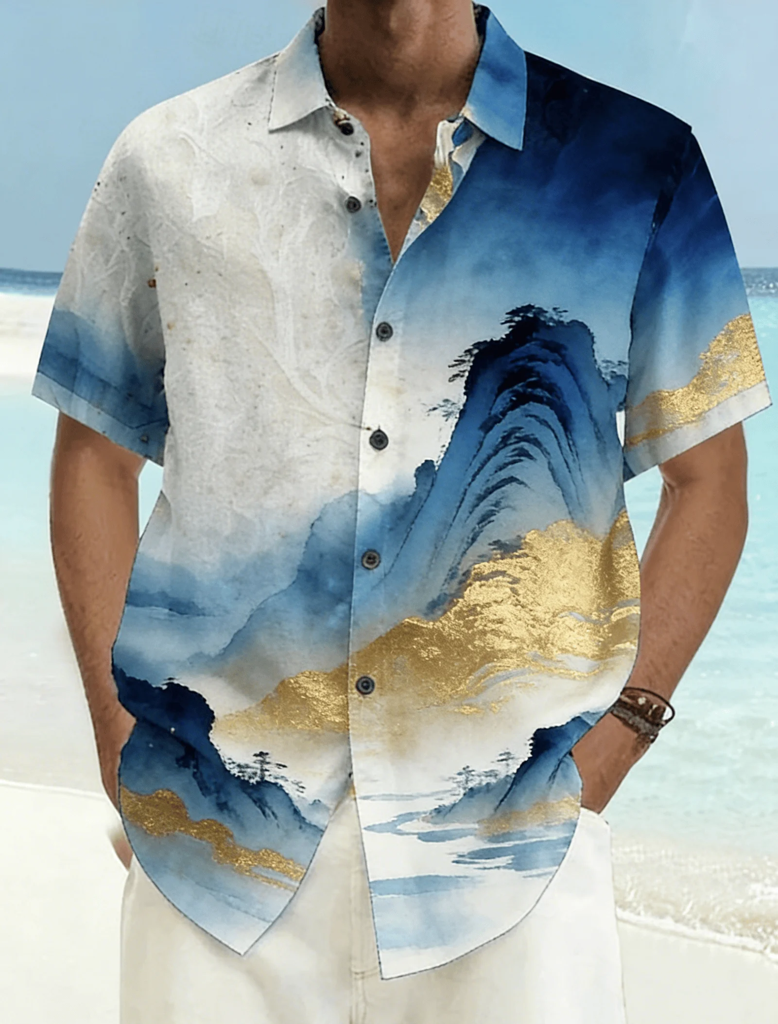Men's Blue Gold Gradient Print Short Sleeve Shirt, Spring Summer Luxury Hawaiian Vacation Blouse, Loose Casual Top