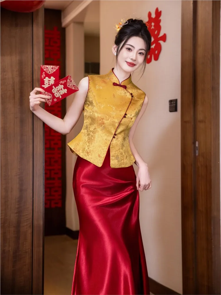 New Chinese-style cheongsam toasting dress bride's engagement return two-piece set