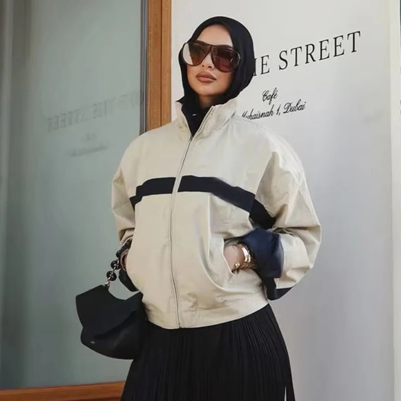 Women Khaki Jackets Autumn Female Chic Color Blocking Stand Collar Long Sleeved Zipper Coats Lady Casual Streetwear Jackets