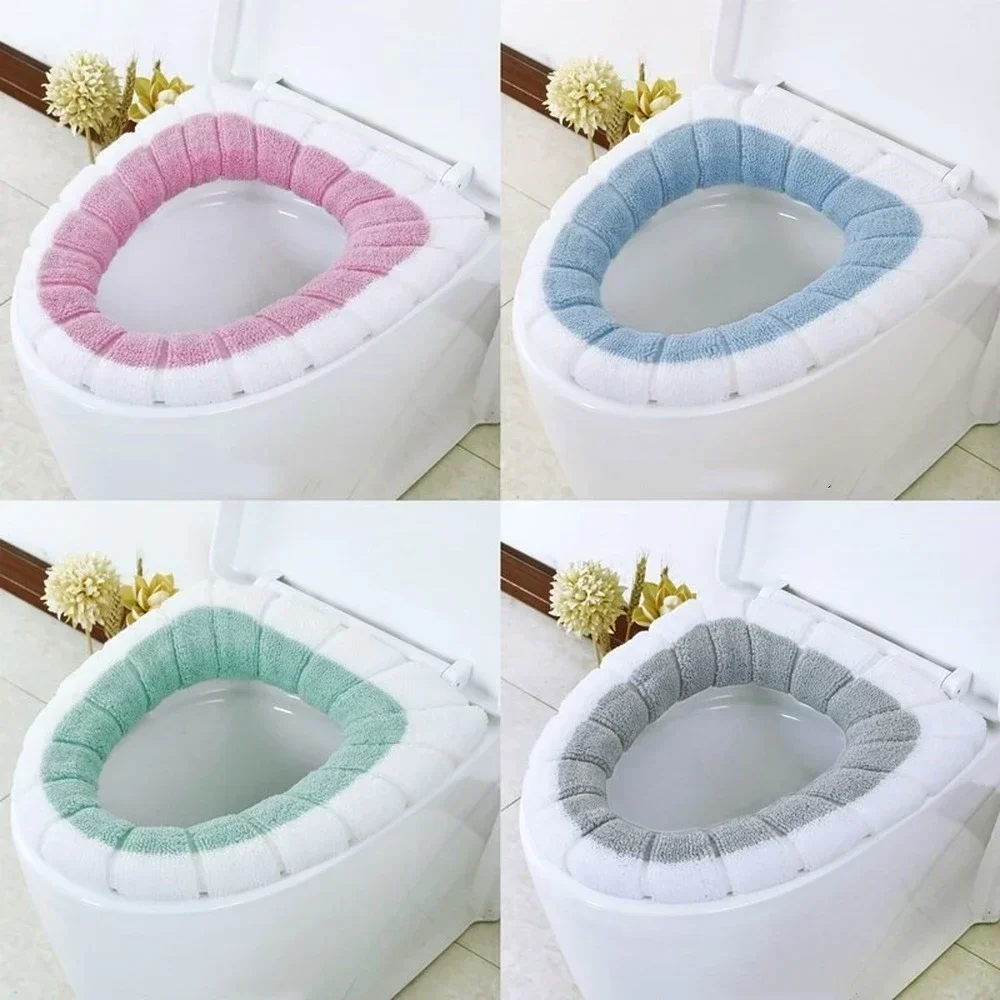 Winter Warm Toilet Seat Cover Closestool Mat 1Pcs Washable Bathroom Accessories Knitting Pure Color Soft O-shape Pad