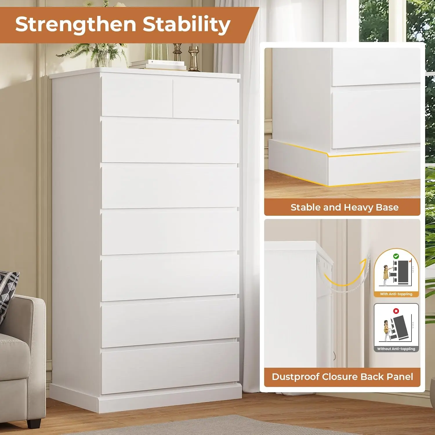 White Tall 8-Drawer Bedroom Dresser 59.6" Modern Wood Closet Organizer Storage Cabinet Large Vertical Hallway, Customized image 5