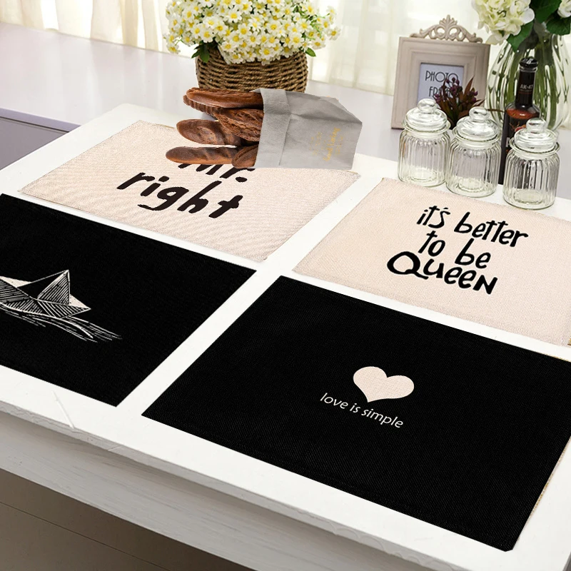 Black and White Printing Placemats Heart Letters Table Mat Drink Coasters Home Accessories Kitchen Place Mats for Bar Mat Pad