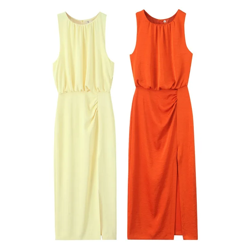 여성을위한 여름 민소매 긴 파티 드레스 2025 봄 새로운 여성의 Pleated 장식 실크 새틴 질감 드레스 레이디 우아한