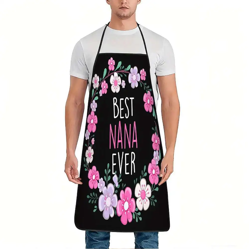 1pc Best Nana Ever Floral Print Apron, Durable And Easy to Clean, Adjustable Waistband, Polyester Material, for Kitchen Cooking,
