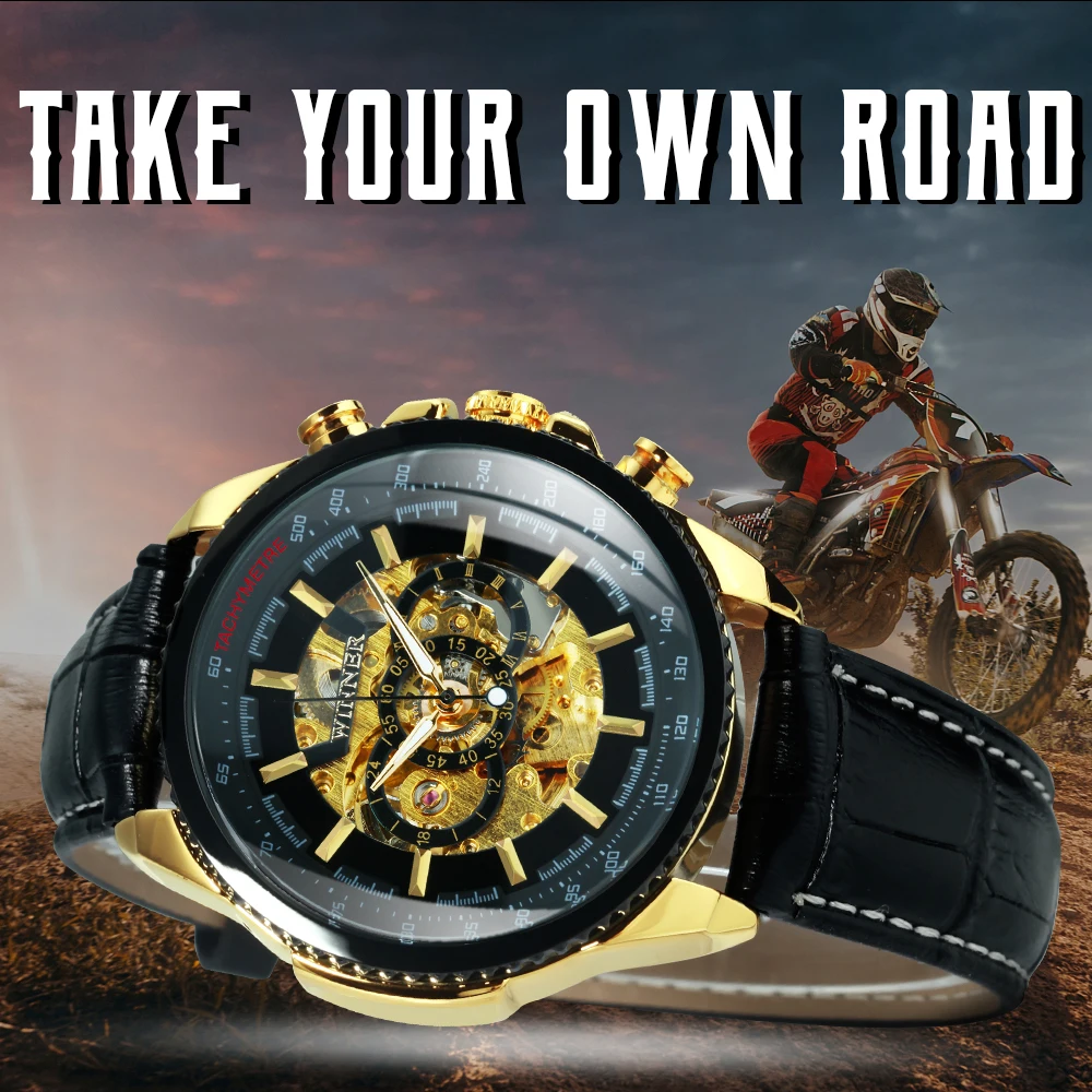 الفائز الرياضة الهيكل العظمي ساعة أوتوماتيكية للرجال مؤشرات مضيئة العسكرية Steampunk ساعات آلية حزام من الجلد الفاخر 2025