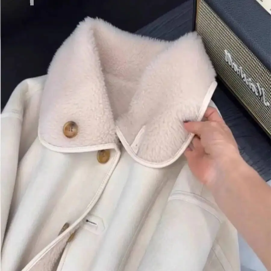 Retro American Suede Fur Jacket Women's Warm Autumn Winter Outerwear Peach Color One Piece Long Sleeve Loose Fit Fashionable