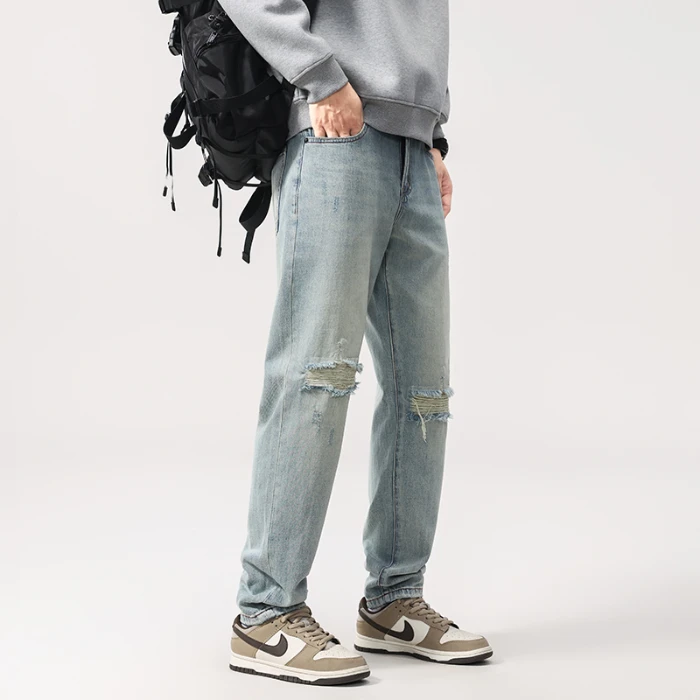 2025 outono masculino americano streetwear jeans-lavado azul solto perna reta angustiado calças jeans com rodinhas todas as estações