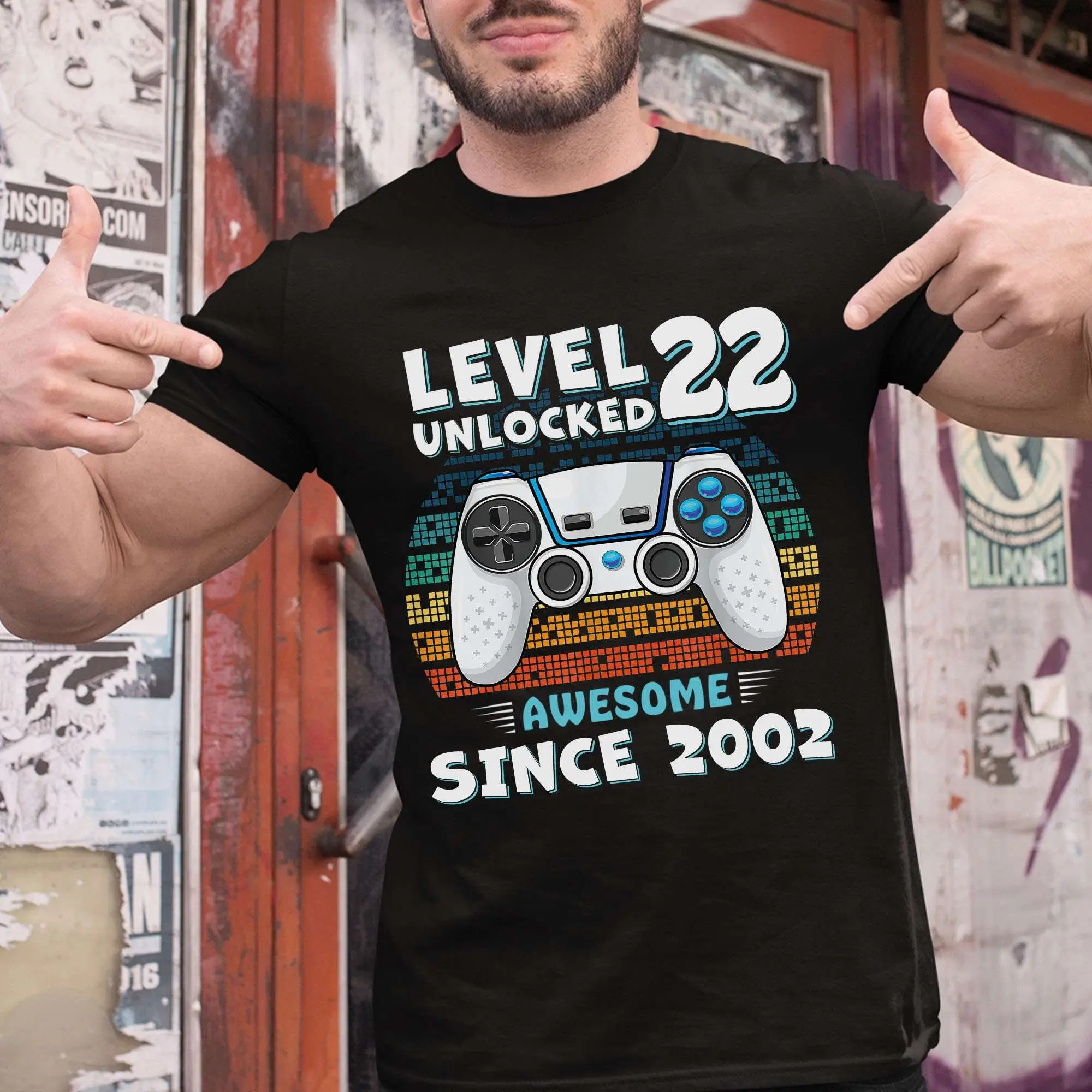 Funny 22th Birthday Man Gamer T Shirt Level 22 Unlocked Awesome Since 2002 Game Gaming Years Old Party