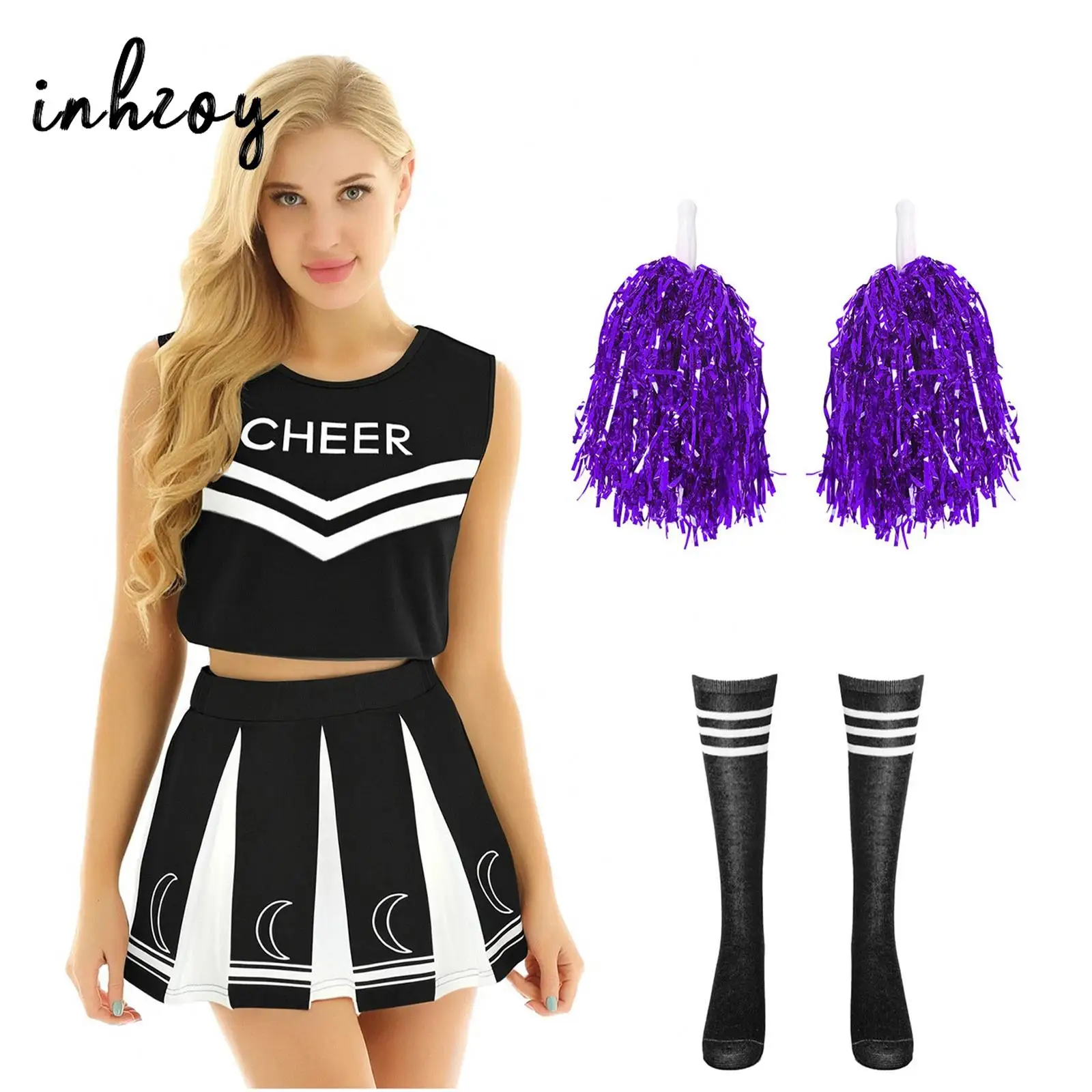 

Cheer Leader Costume for Women Sleeveless Shell Top Pleated Mini Skirt with Pom Poms Stockings Dance Outfit