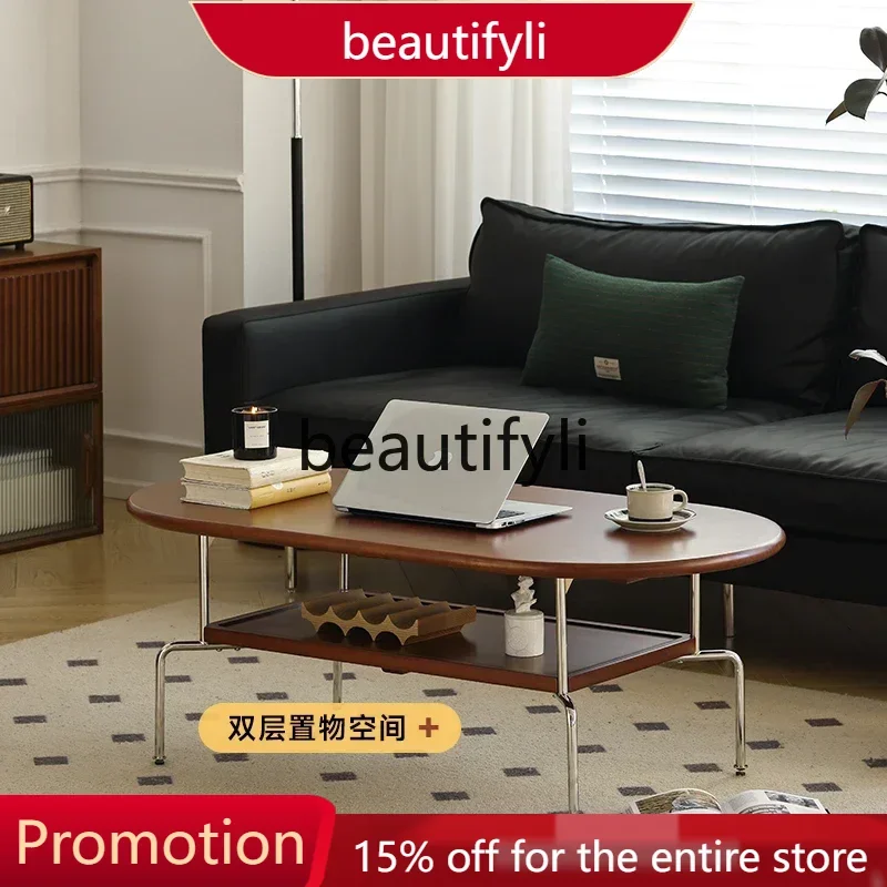 

X188 Solid wood coffee table small apartment retro minimalist ins stainless steel oval tea table