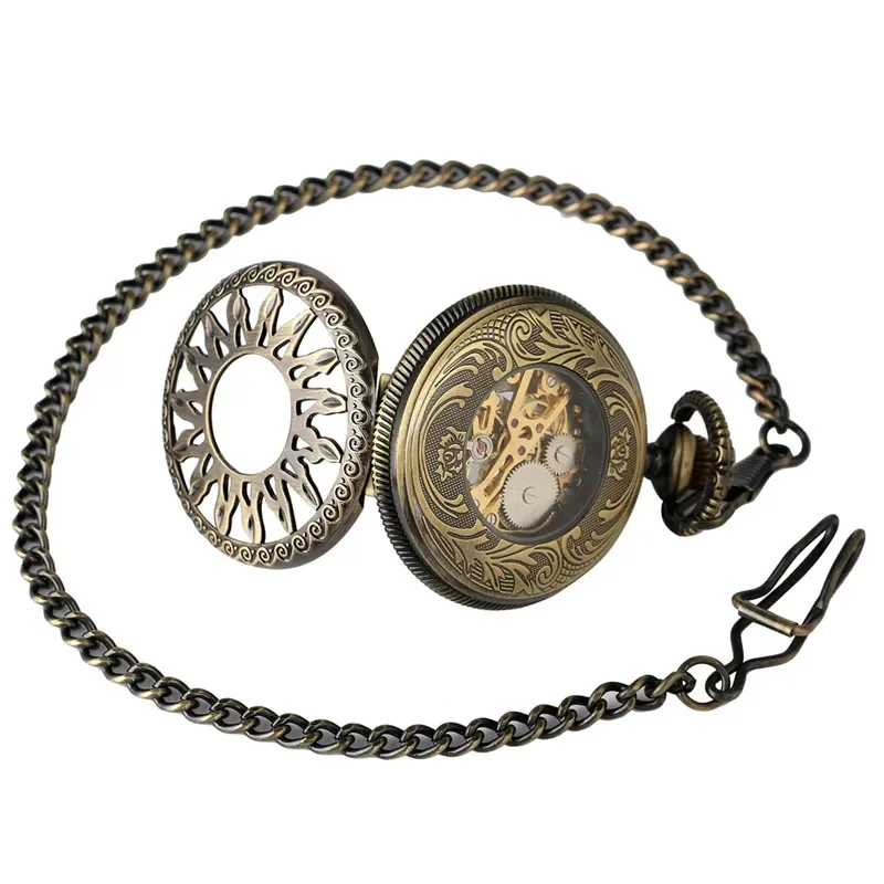 Antique Hollow Sun Flower Case Design Skeleton Handwind Mechanical Pocket Watch for Men Women Roman Number Dial Timepiece Gift