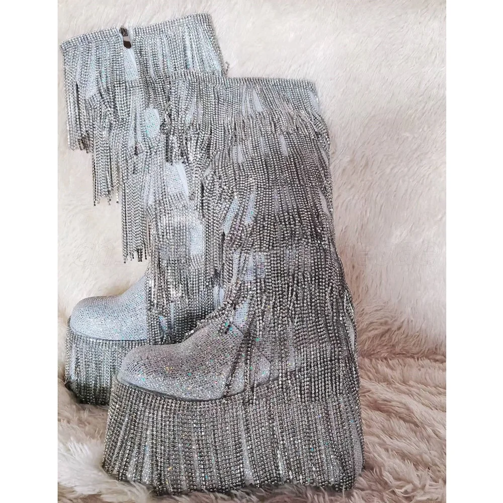Zilver Stralende Kwasten Decor Laarzen Ronde Neus Knie Hoge Schoenen voor Vrouwen Muffin Bottm Mode Schoenen 2025, Zapatos Para Mujere