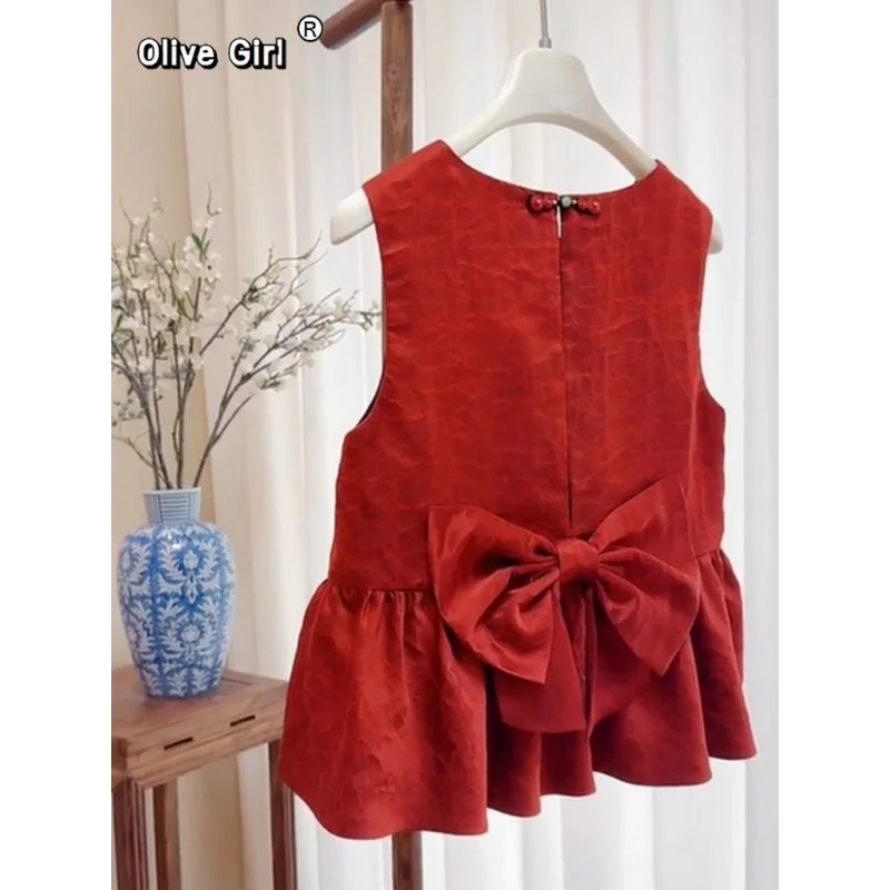 

Женская летняя блузка Olivegirl во французском стиле с красным безрукавным топом, оборками и бантом, коллекция 2026