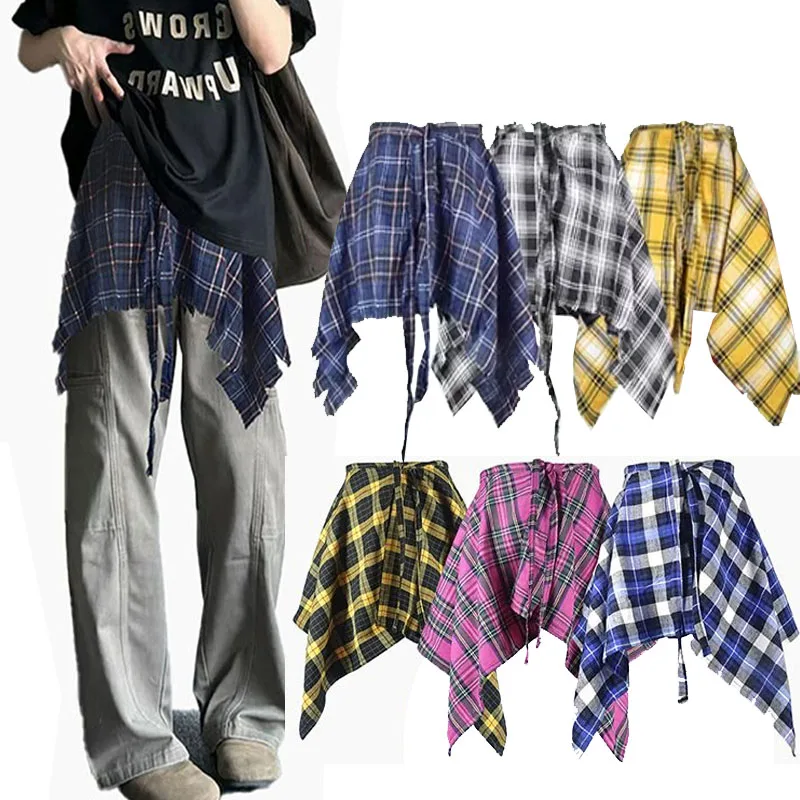 

Fashion Tassel Hip Hop Irregular Men and Women Fake Shirt Hem Spring Autumn False Shirt Skirt Half-body Plaid Skirts Womens Saia