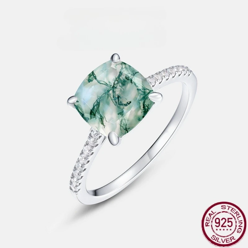 

New S925 Pure Silver Unique Natural Water Grass Agate Green Moss European and American Light Luxury Atmospheric Wedding Jewelry