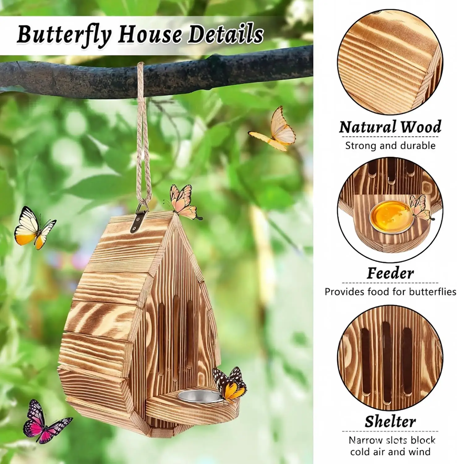 Hanging Wooden Butterfly House With Detachable Feeder Natural Solid Wood Butterfly Shelter Habitat for Outdoor Garden Decor Educ