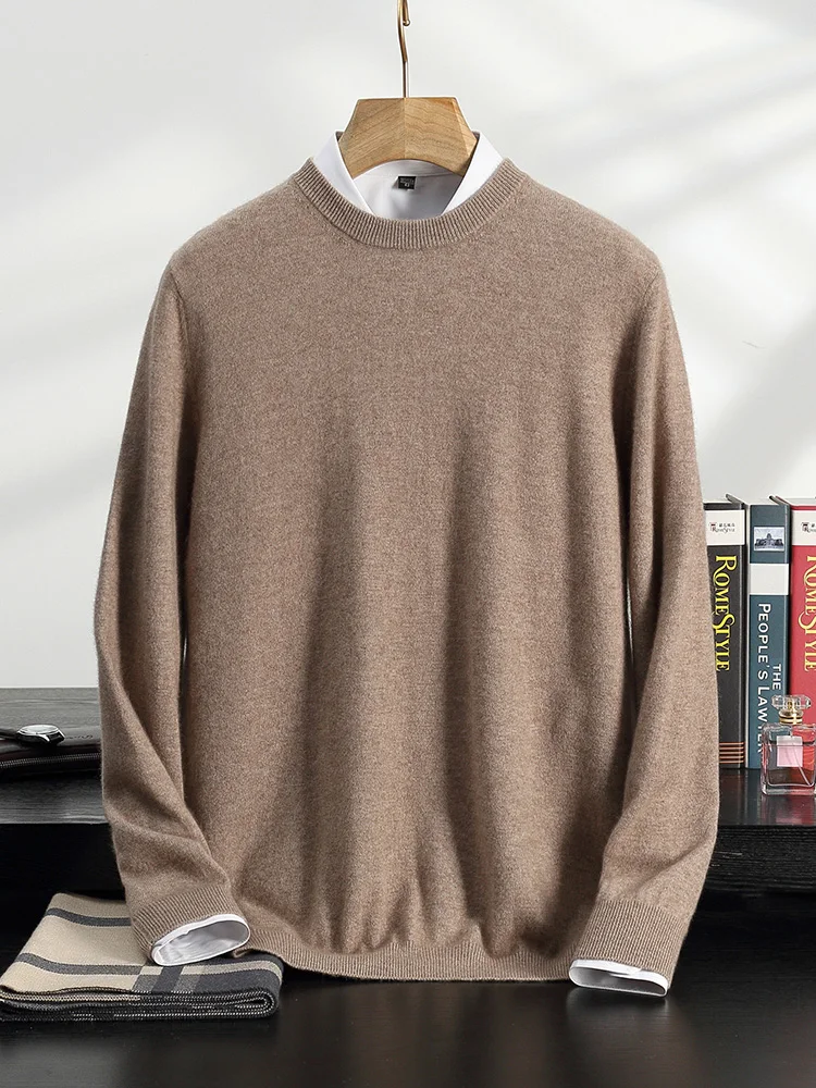 

100% Cashmere Sweater Men's Round Neck Knitted Pullover For Autumn Winter New Style Solid Color Long Sleeved Top Basic Versatile
