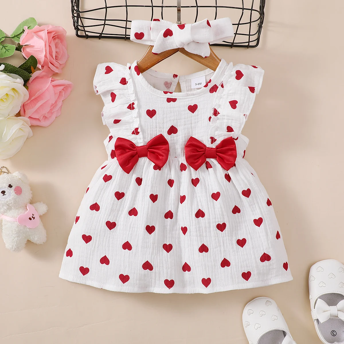 

Summer 0-1 Years Old Cool Girls Peach Heart Print Double Sided Wrinkled Fabric Sleeveless Princess Dress With Hair Band