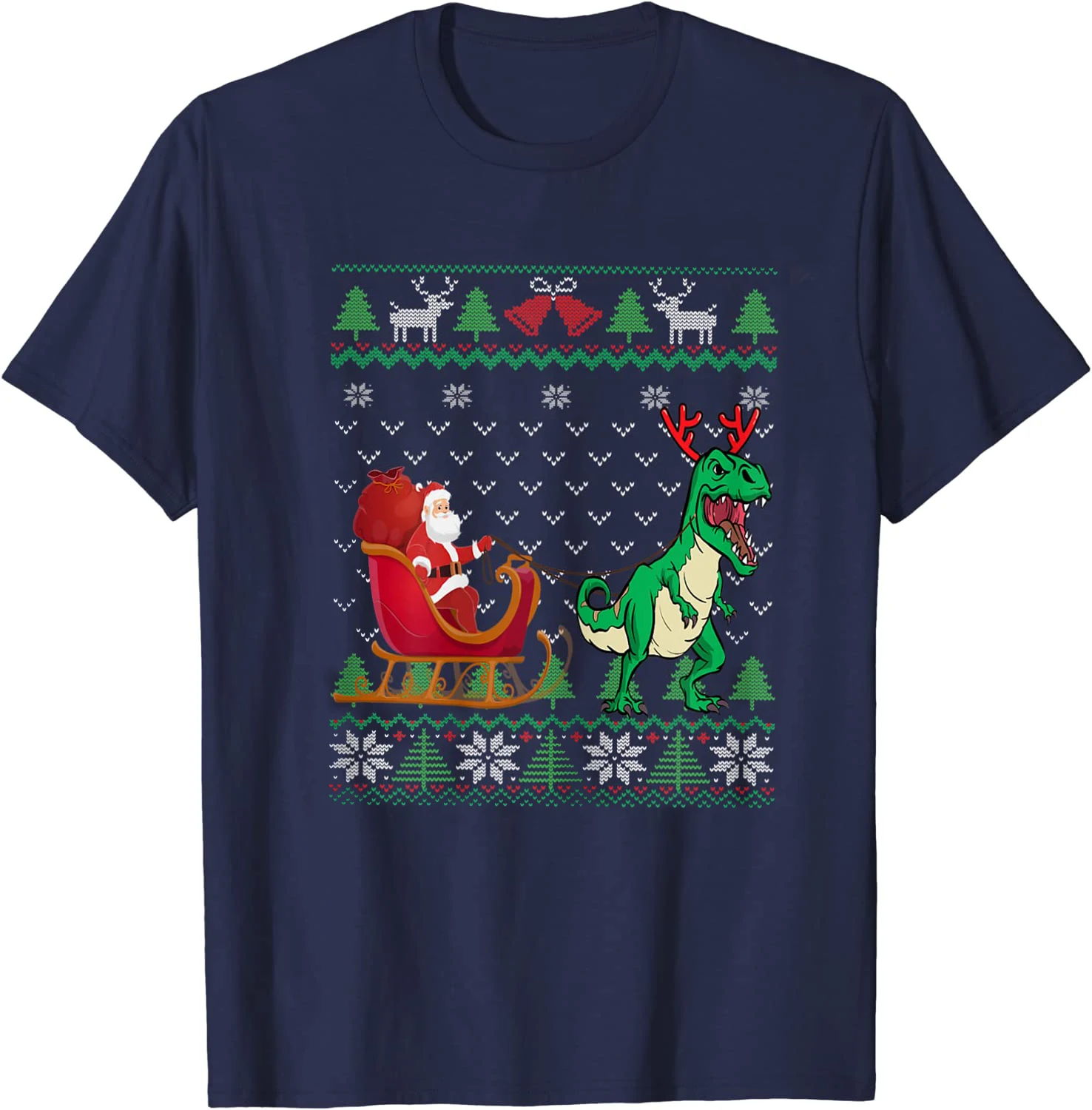 Funny Dinosaur Ugly Christmas Sweater T Rex Pulling Santa's Sleigh T-Shirt 100% Cotton O-Neck Short Sleeve Casual Mens T-shirt image 3
