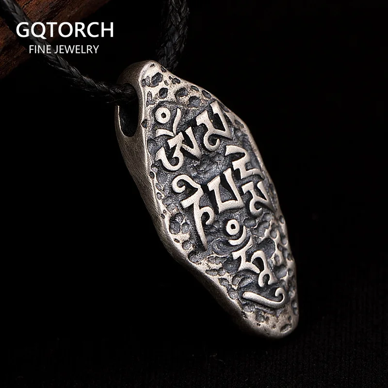 

Real 925 Sterling Silver Six Words Mantra Pendant For Men and Women Vintage Antique Finish Fine Jewelry Buddhism Jewelry