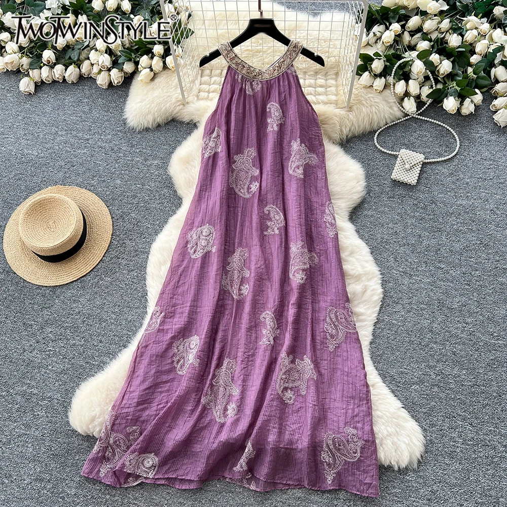 

TWOTWINSTYLE Temperament Loose Print Dresses For Women Round Neck Sleeveless High Waist Casual Dress Female Fashion KDR543949