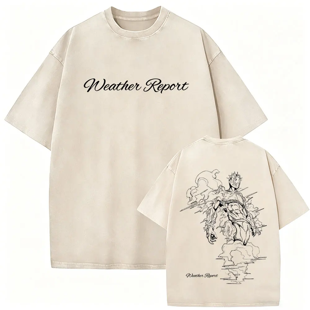 Washed Vintage Anime Jojo Bizarre Adventure T-shirt Weather Report Graphic T Shirts Men Women Manga Fashion Oversized T-shirts