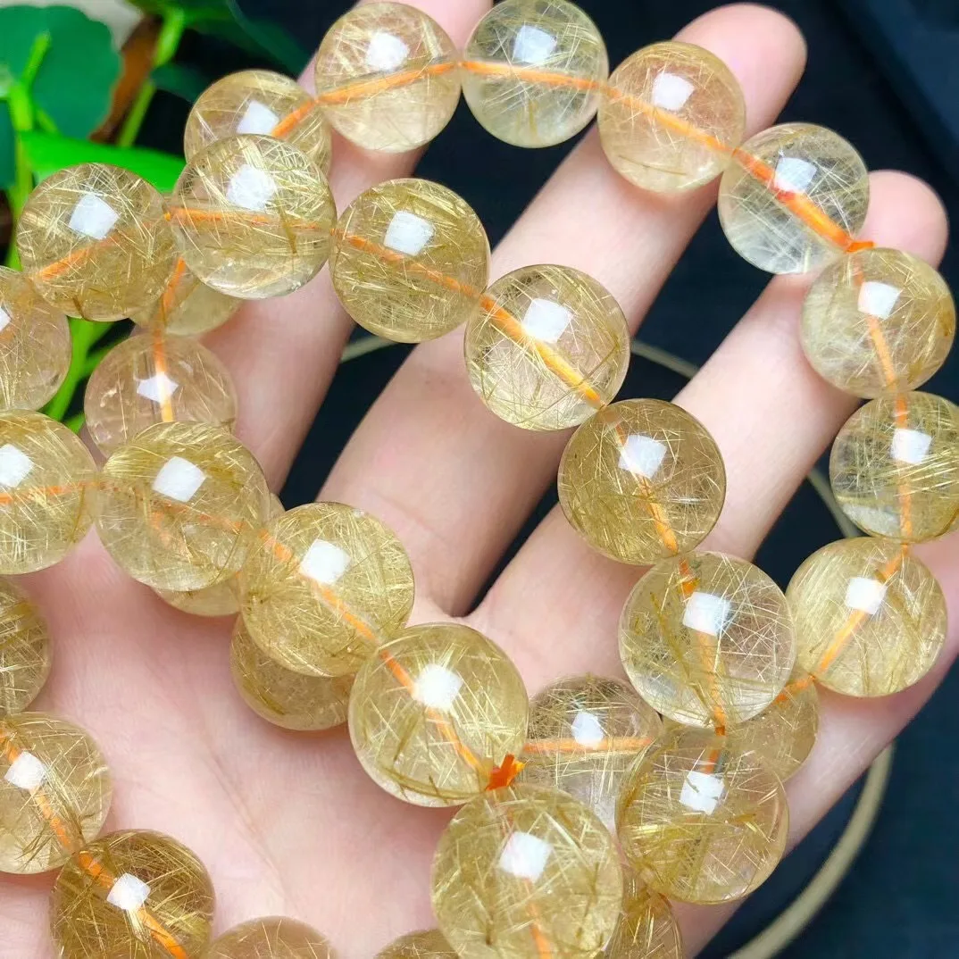 

1 Pc Fengbaowu Natural Gold Rutilated Quartz Bracelet Round Beads Reiki Healing Stones Jewelry Gift For Women Men