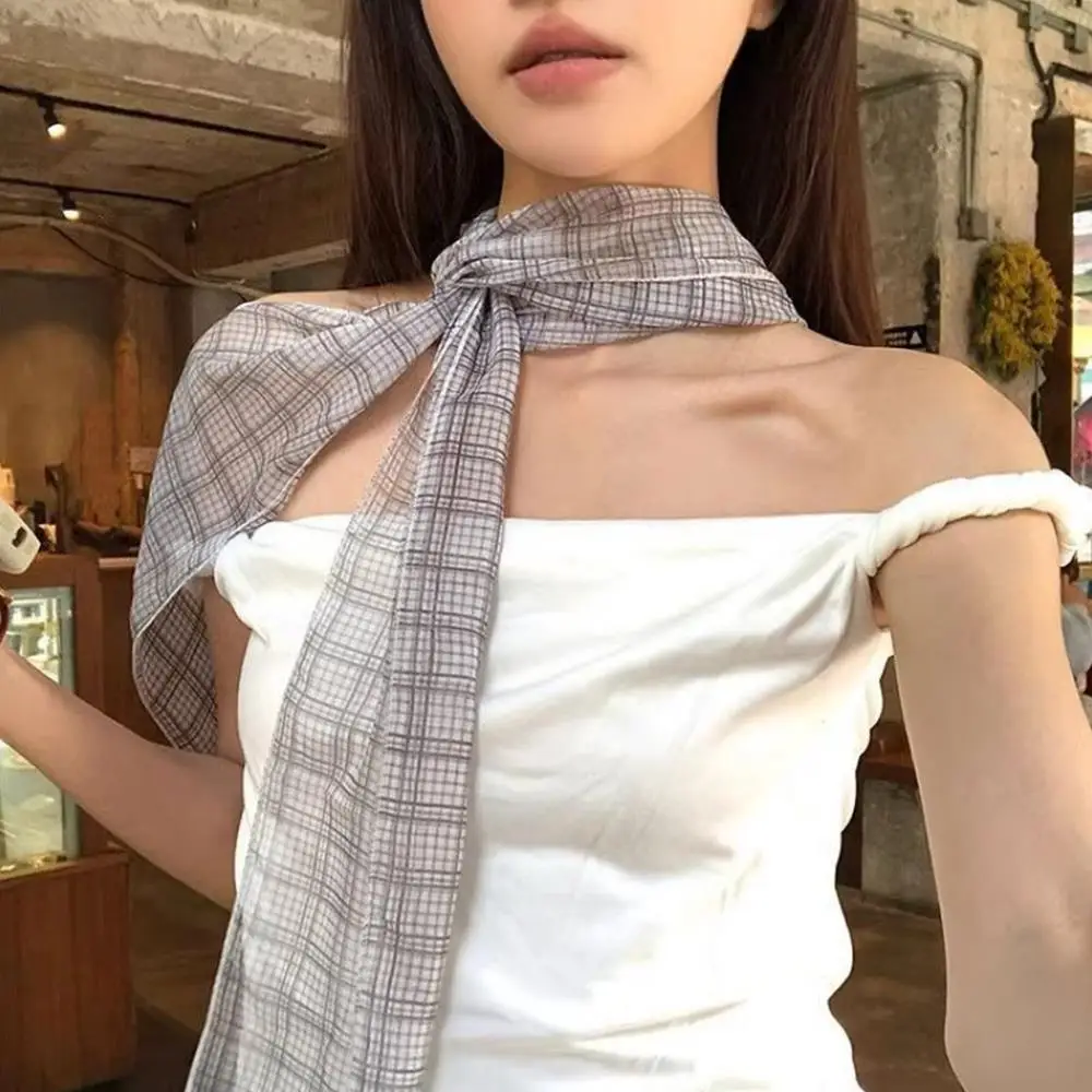 Correa para el cuello, pañuelo fino de seda largo a cuadros, accesorios para fotos de viaje, bufandas de belleza para mujer, banda para el cabello de moda coreana rsi한