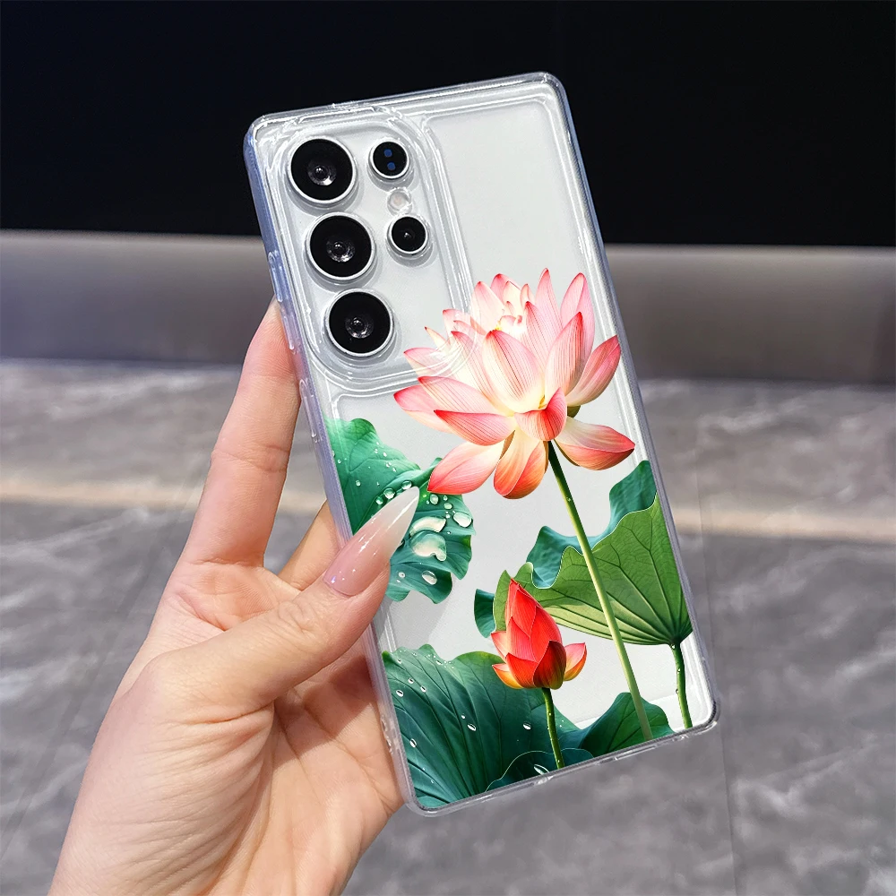 Pink Lotus with Dewdrops Clear Soft TPU Phone Case For Samsung S26 S24 S21 FE Plus A57 Anti Scratch Slim Back Cover
