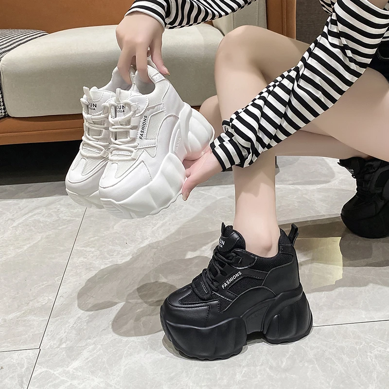 11CM Wedge Heels Shoes For Women Leather Casual Shoes White Black High Top Chunky Sneakers Woman Vulcanized Lace Up Mesh Shoes