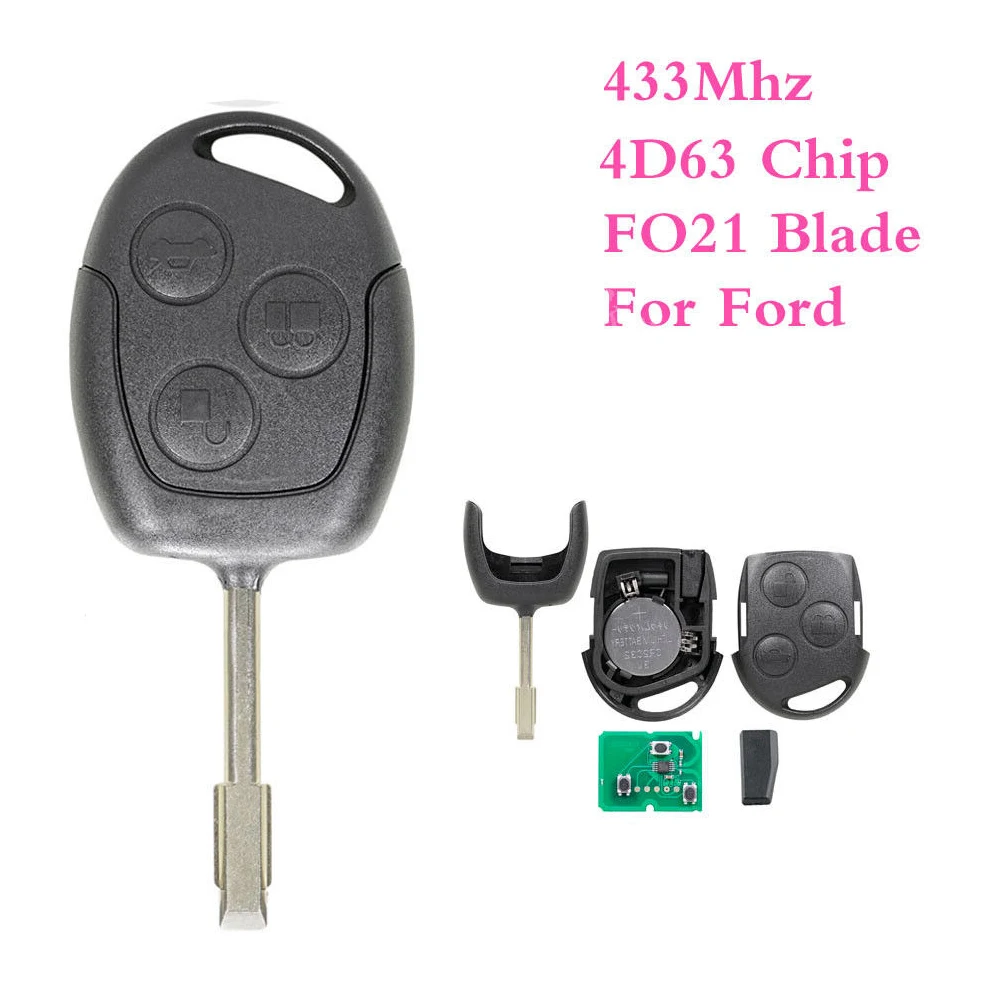 Fits For Ford Focus Fiesta Fusion Transit Connect 3 Button 433Mhz Remote Key Fob Chip Replacement Parts
