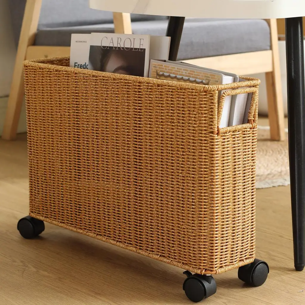 Woven Storage Basket Storage Box Portable Multipurpose with Wheels Toy Baskets Sundries Organizer for Office Nursery Bathroom