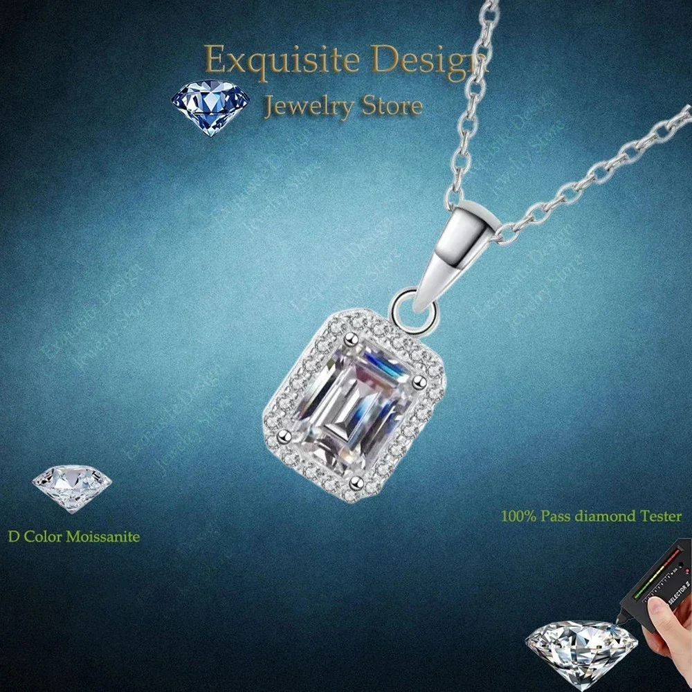 

Exquisite Design Luxury 1ct Moissainte Rectangle Pendants Chain for Women Daily Wear Classic Style, Platinum PT950 Necklaces
