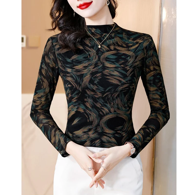 Women Stylish Print Half High Collar Elegant Basic T Shirt New Spring Autumn Office Ladies Casual Long Sleeve Slim Pullover Tops