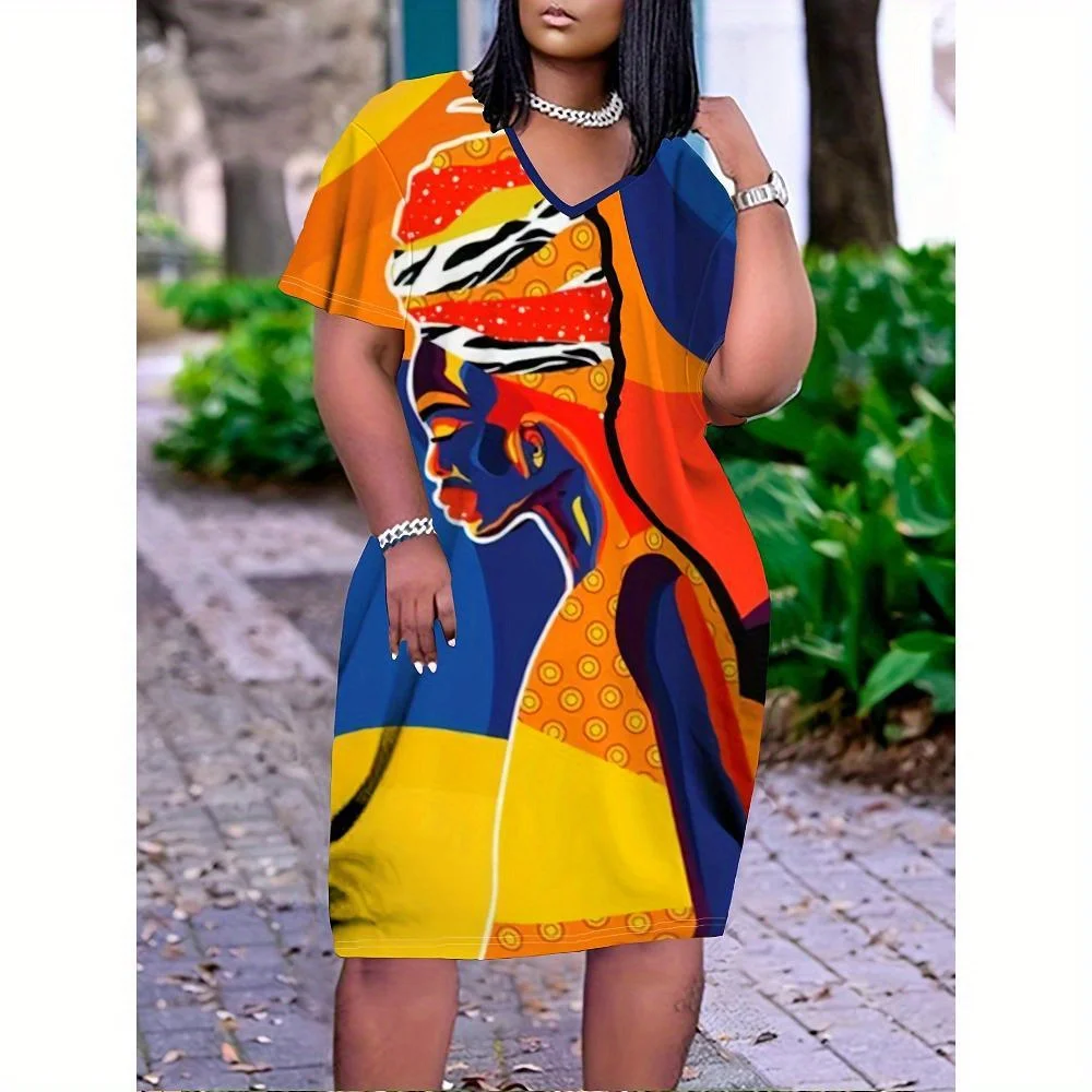 

Fashion Casual Geometric Portrait Print Shift Dress