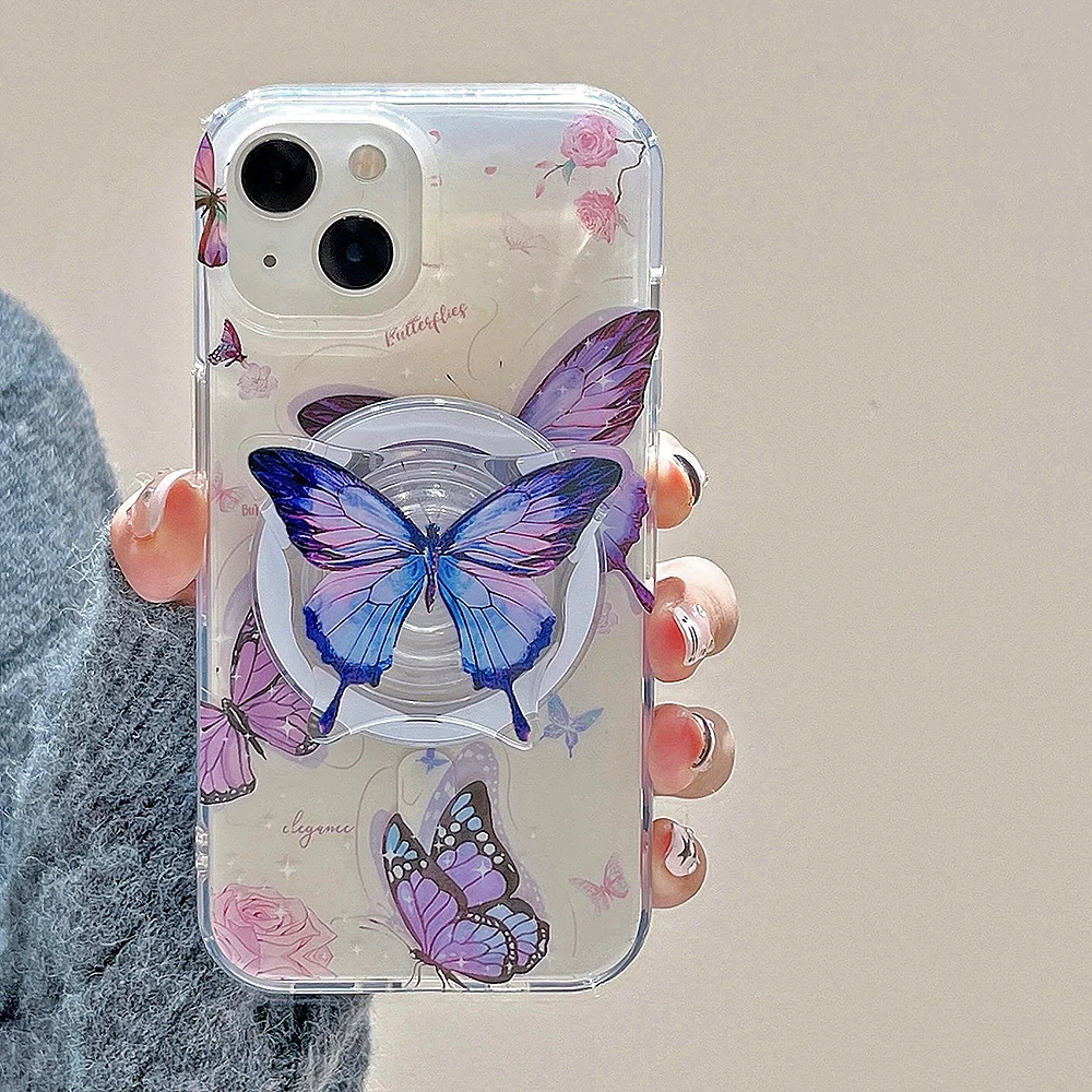 Literature Art Purple Butterfly Flower Senior Magnetic Phone Case For iPhone 15 14 13 12 11 Pro Max Shockproof Protective Cover