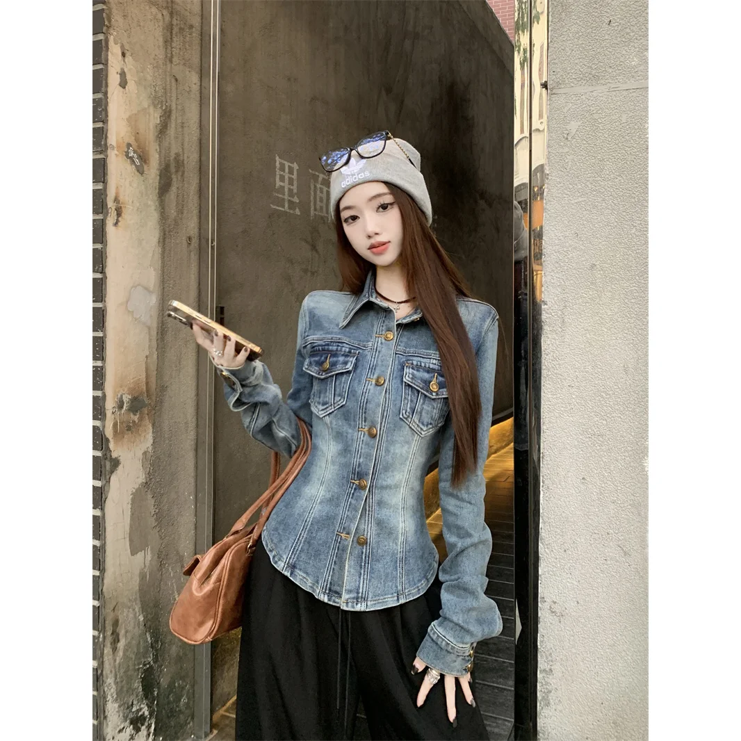 

Синяя куртка с длинными рукавами в стиле ретро, женская осенняя джинсовая рубашка с облегающей талией, темпераментный кардиган, топ