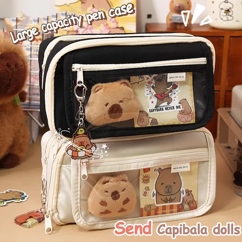 Large Capacity Pencil Bag Cute Capybara Stationery Holder Bag With Brooches Stickers Children Pen Case Animal Zipper Pouch