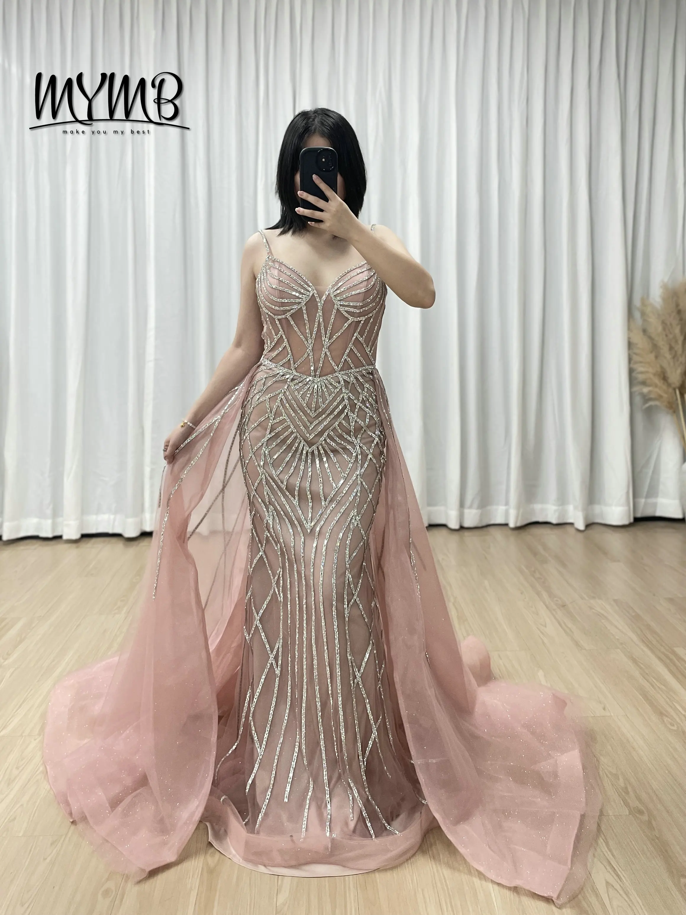 

MYMB Нежные розовые платья «рыбий хвост» со стразами и v-образным вырезом, лиф, облегающий силуэт, съемная верхняя юбка, блестящий подол для выпускного вечера MC20091