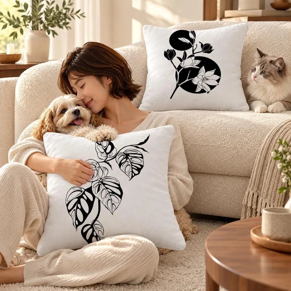 Art Minimal Fern Line Art Cushion Cover Soft Short Plush Throw Pillowcase Sofa Bedroom Home Decor Holiday Gift