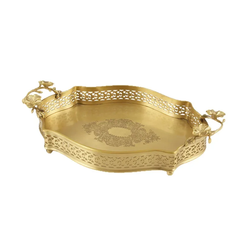 Bandeja de latón para decoración del hogar, tallada hueca hecha a mano, mesa de centro Retro de lujo, adorno de mesa, bandeja de fruta