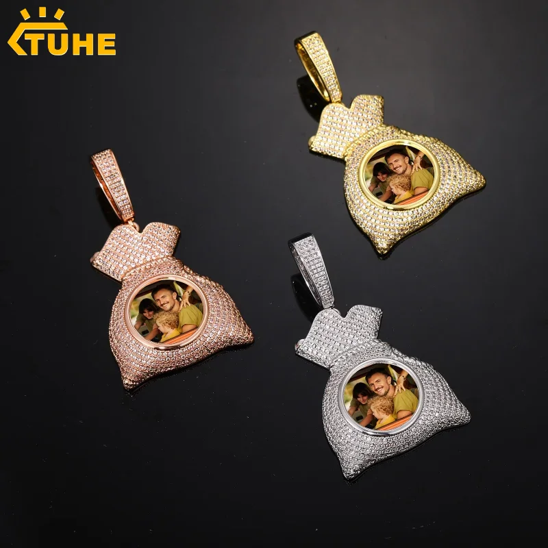 

TUHE Custom Photo PendantCopper Money Bag Necklace For Medallions Personalized Custom Name Engraved Pendant Zircon Chains Gift