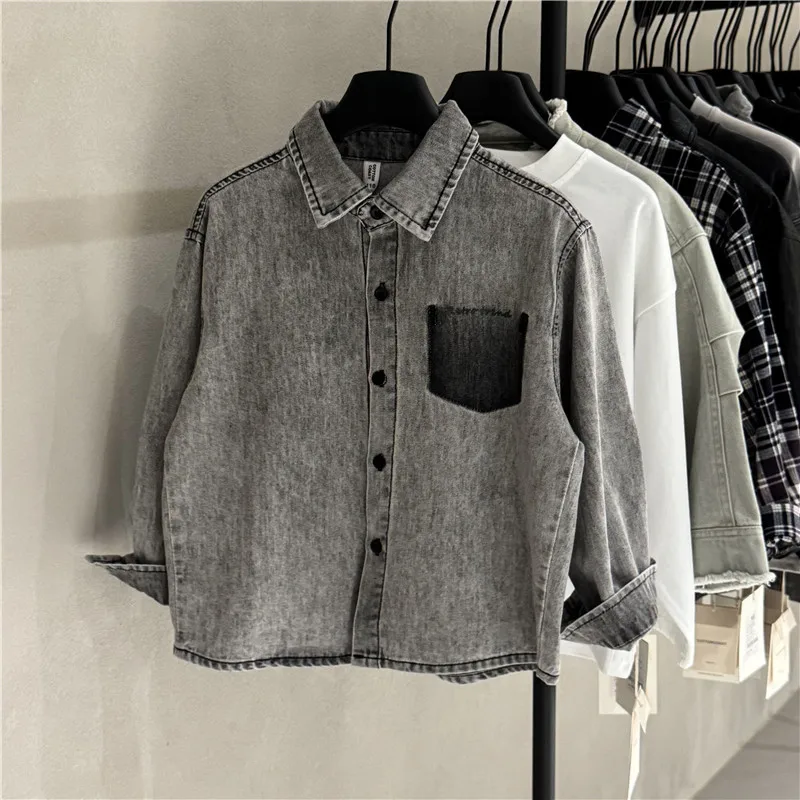 

2025 New Arrival 4-11Y Kids Korean Fashionable Denim Shirt Soft Washed Long-Sleeve Top for Boys and Girls Autumn Spring