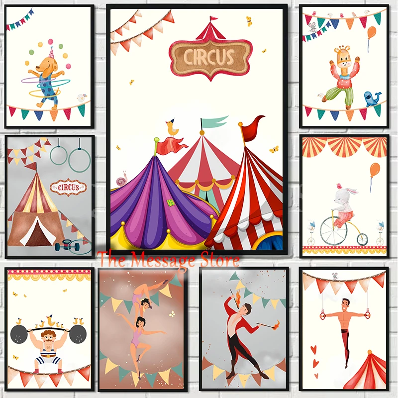 Vintage Circus Juggler Show Circus Animals Acrobats Carnival Nursery Kinderzimmer Poster Canvas Painting Wall Picture Home Decor