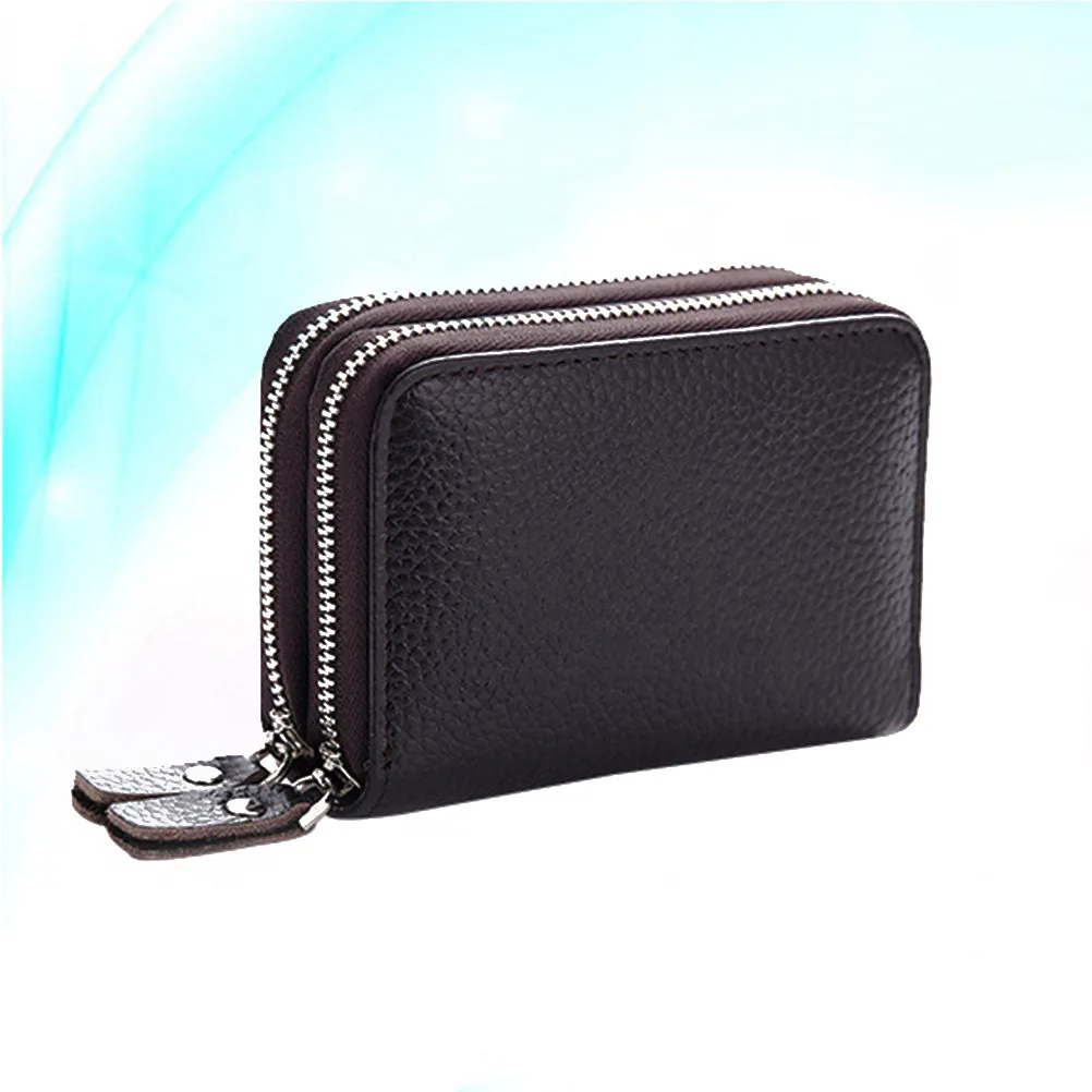 

Genuine Cowhide Small Wallet Coffee Double Zipper Coin Pocket Id Holder Credit Card Organizer Gift For Men