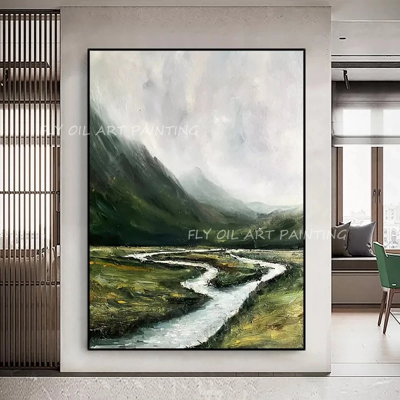 Green landscape mountain river 100% Handmade canvas thick modern texture oil painting for office living room gift