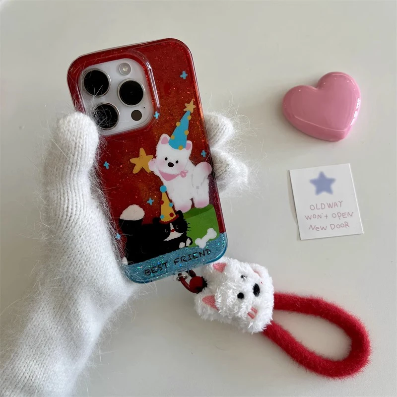 Sparkling pink transparent dog black cat wearing high hat phone case with dog leash for iPhone 11 12 13 14 15 16 pro max