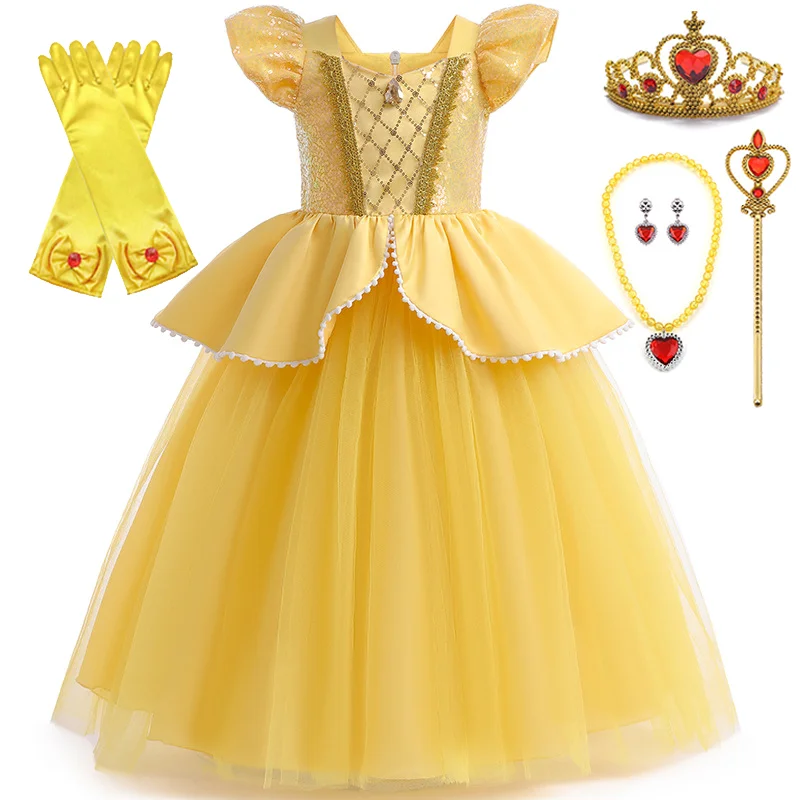 Kids Yellow Sequins Princess Layered Dress With Gloves Crown For Girls Fancy Halloween Carnival Birthday Party Cosplay Costume