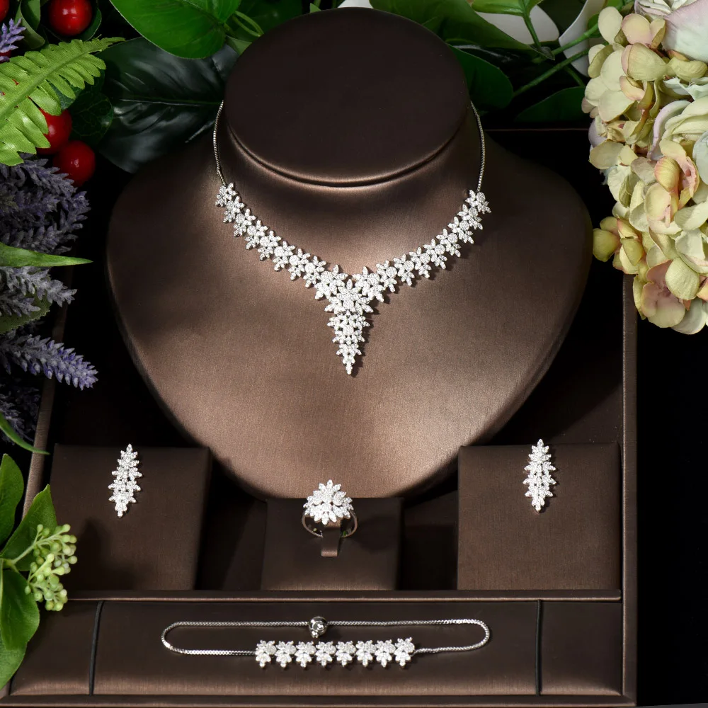 HIBRIDE Nigerian Necklace Earring Jewelry Set For Women Leaf Design Wedding Cubic Zircon Indian Dubai Bridal Jewelry Sets N-1077