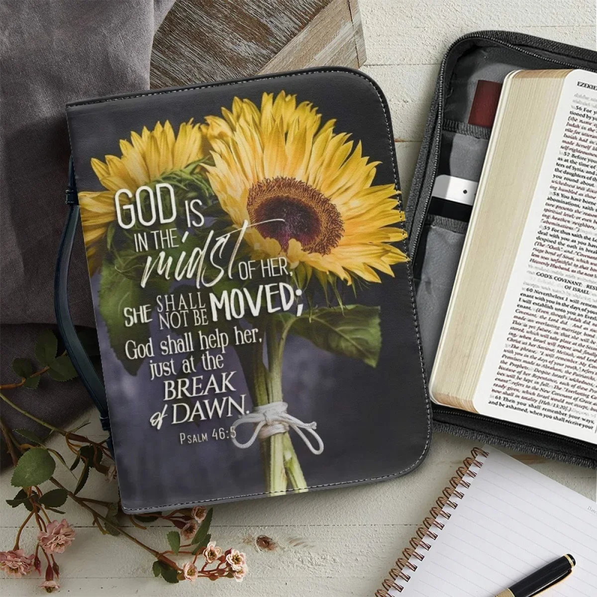 

PU Leather Bible Cover Case for Women New Zippered Handle Leather Handbags Classic Sunflower Bible Poem Print Bible Storage Bags